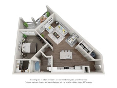 A 3D floor plan of a house with a kitchen, living room, and bathroom.