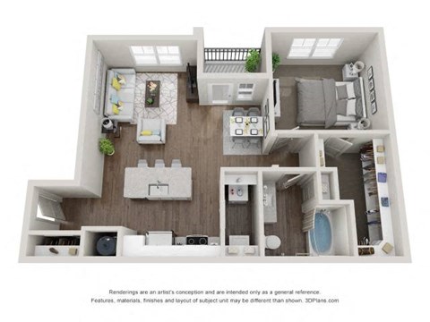 A 3D floor plan of a small apartment with a kitchen, living room, and bathroom.
