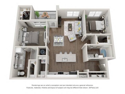 A 3D floor plan of a small apartment with a kitchen, living room, and two bedrooms.