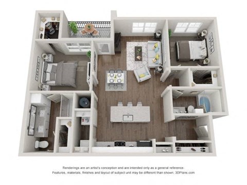 A 3D floor plan of a small apartment with a kitchen, living room, and two bedrooms.