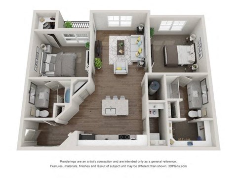 A 3D floor plan of a house with multiple rooms and furniture.