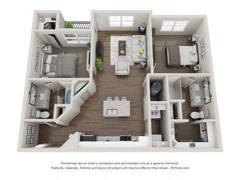 A 3D floor plan of a house with a kitchen, living room, dining room, and two bedrooms.