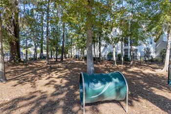 A playground with a slide in the middle of a wooded area.