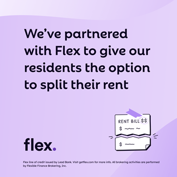 An image showing a partnership with Flex to offer rent splitting option to residents, with a rent bill icon.