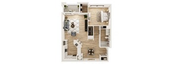 A top-down view of a small apartment with a kitchen, living room, and bathroom.
