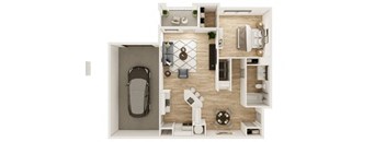 A top-down view of a small apartment with a kitchen, living room, and bedroom.