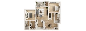 A top-down view of a small apartment with a kitchen, living room, and bathroom.