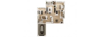 A floor plan of a small apartment with a kitchen, living room, and bathroom.