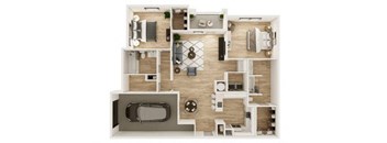 A top-down view of a house layout with a kitchen, living room, dining area, and a garage.