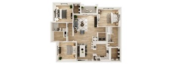 A top-down view of a house layout with various rooms and furniture.