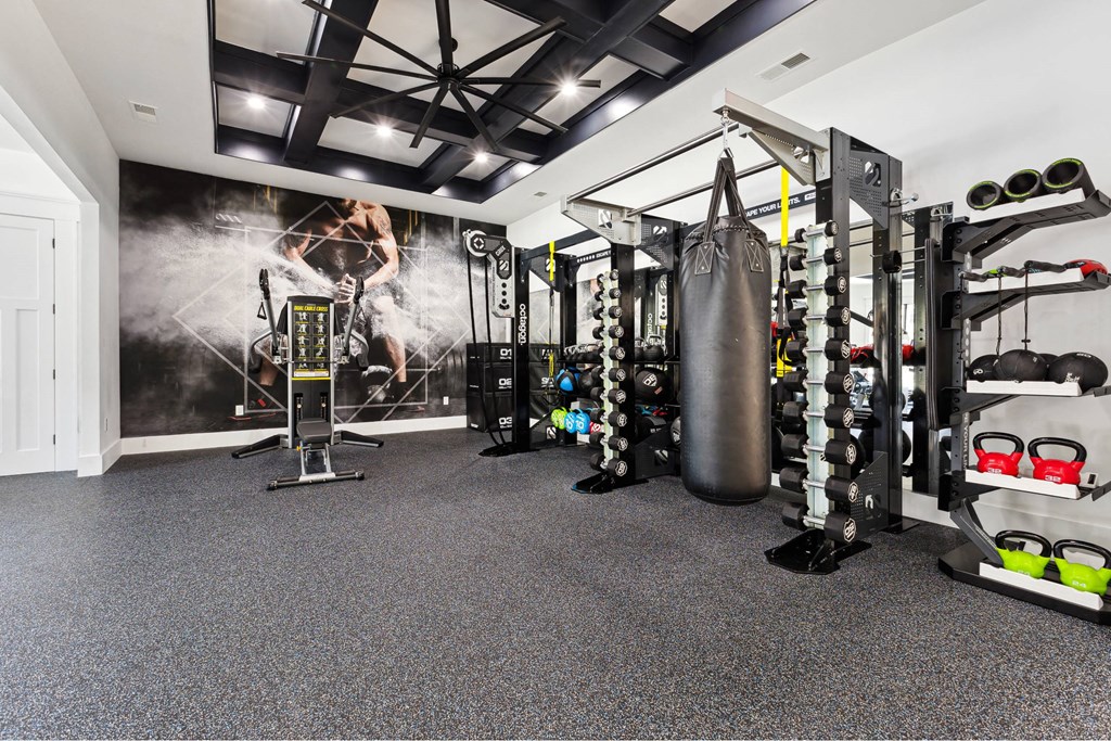 A gym with a punching bag, weights, and exercise equipment.