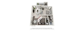 A 3D floor plan of a small apartment with a kitchen, living room, and bathroom.