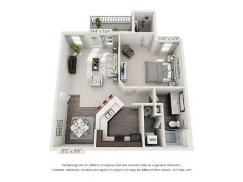 A 3D floor plan of a small apartment with a kitchen, living room, and bathroom.