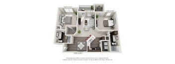 A floor plan of a two-bedroom apartment with a living room, kitchen, and bathroom.