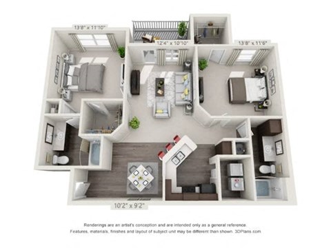 A floor plan of a two-bedroom apartment with a living room, kitchen, and bathroom.