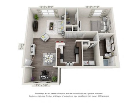 A 3D floor plan of a two-bedroom apartment with a living room, kitchen, and bathroom.