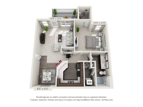 A 3D floor plan of a small apartment with a kitchen, living room, and bedroom.