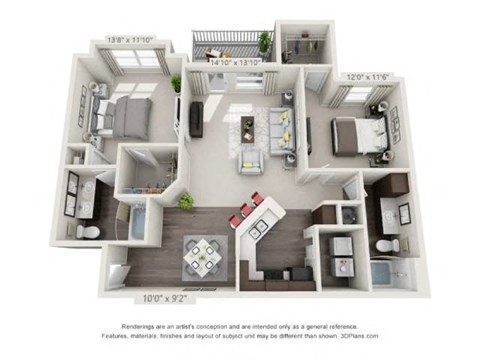 A floor plan of a two-bedroom apartment with dimensions and a disclaimer at the bottom.