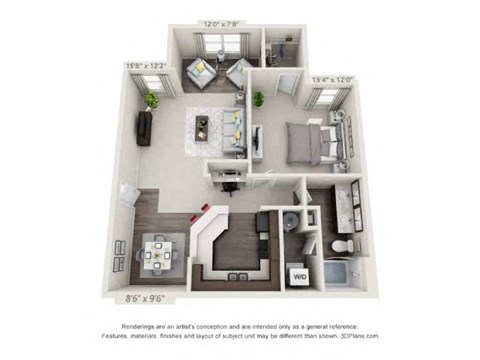 A 3D floor plan of a house with a kitchen, living room, and two bedrooms.