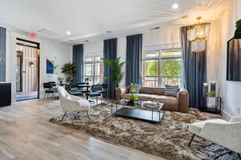A living room with a brown rug and a brown couch.