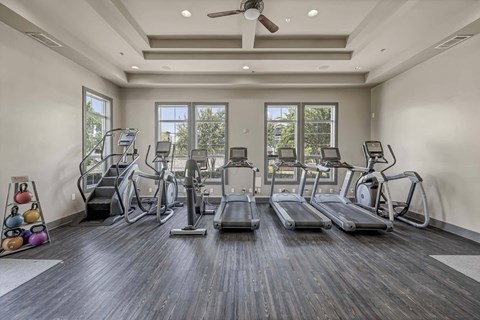 A spacious gym with treadmills, elliptical machines, and a fan.
