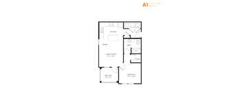 A black and white diagram of apartment A1 with a living room, dining room, kitchen, bathroom, and two bedrooms.