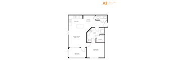 A floor plan of a one bedroom apartment with a living room, kitchen, bathroom, and balcony.