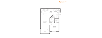 A drawing of a floor plan for a one bedroom apartment.