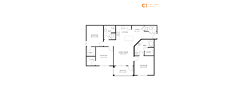 A floor plan of a one-bedroom apartment with a living room, kitchen, and three bedrooms.