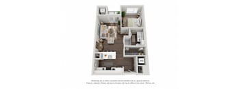 A 3D floor plan of a small apartment with a kitchen, living room, and bedroom.