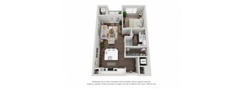 A 3D floor plan of a small apartment with a kitchen, living room, and bedroom.