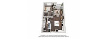 A 3D floor plan of a small apartment with a kitchen, living room, and bathroom.