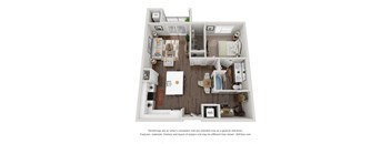 A 3D floor plan of a small apartment with a kitchen, living room, and bathroom.