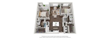 A 3D floor plan of a house with labeled rooms.