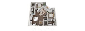 A 3D floor plan of a house with a kitchen, living room, and bedrooms.