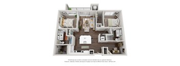 A 3D floor plan of a small apartment with a kitchen, living room, and two bedrooms.