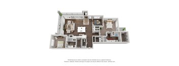A 3D floor plan of a house with a kitchen, living room, and bedrooms.