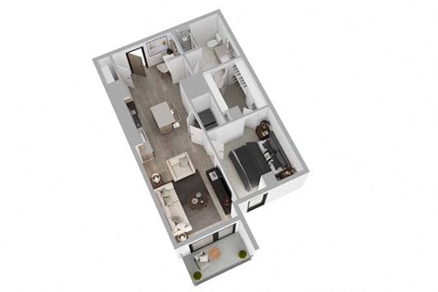 A top down view of a house layout with a kitchen, living room, and bathrooms.