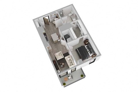 A top down view of a house interior with a kitchen, living room, and bedrooms.