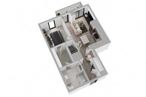 A 3D floor plan of a house with a kitchen, living room, and two bedrooms.