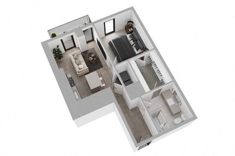 A 3D floor plan of a house with a living room, kitchen, and two bedrooms.