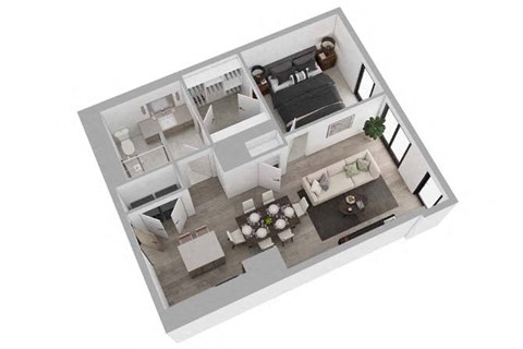 A 3D floor plan of a modern apartment with a kitchen, living room, and bedrooms.
