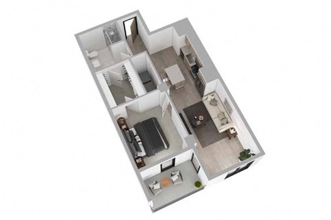 A 3D floor plan of a house with multiple rooms.