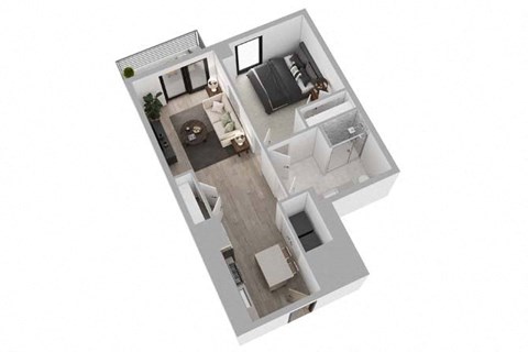 A top-down view of a small apartment with a kitchen, living room, and bedroom.