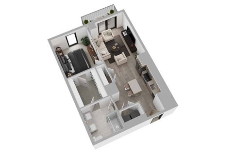A top-down view of a house with a living room, kitchen, and two bedrooms.