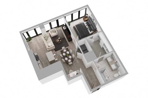 A 3D floor plan of a house with a kitchen, living room, dining room, and two bedrooms.