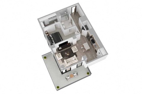 A 3D image of a house layout with a kitchen, living room, and bathroom.