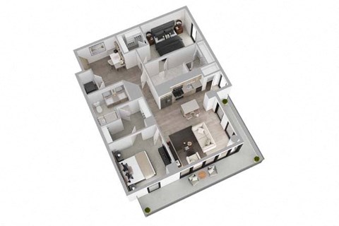 A 3D floor plan of a multi-level residential building.