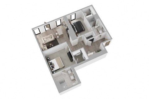 A 3D floor plan of a house with a kitchen, living room, and two bedrooms.