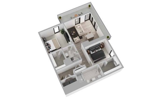 A 3D floor plan of a house with a kitchen, living room, and two bedrooms.